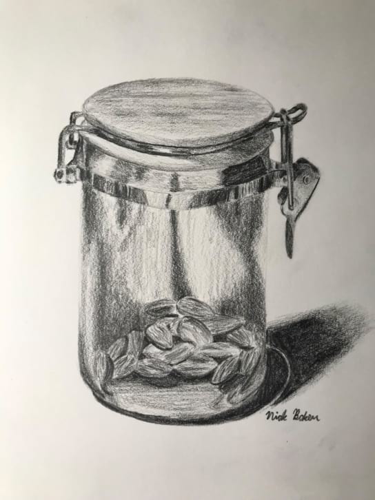 Observational pencil drawing of almonds in a glass jar