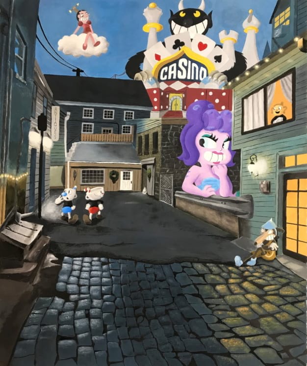 Cartoon characters rendered realistically in an alleyway