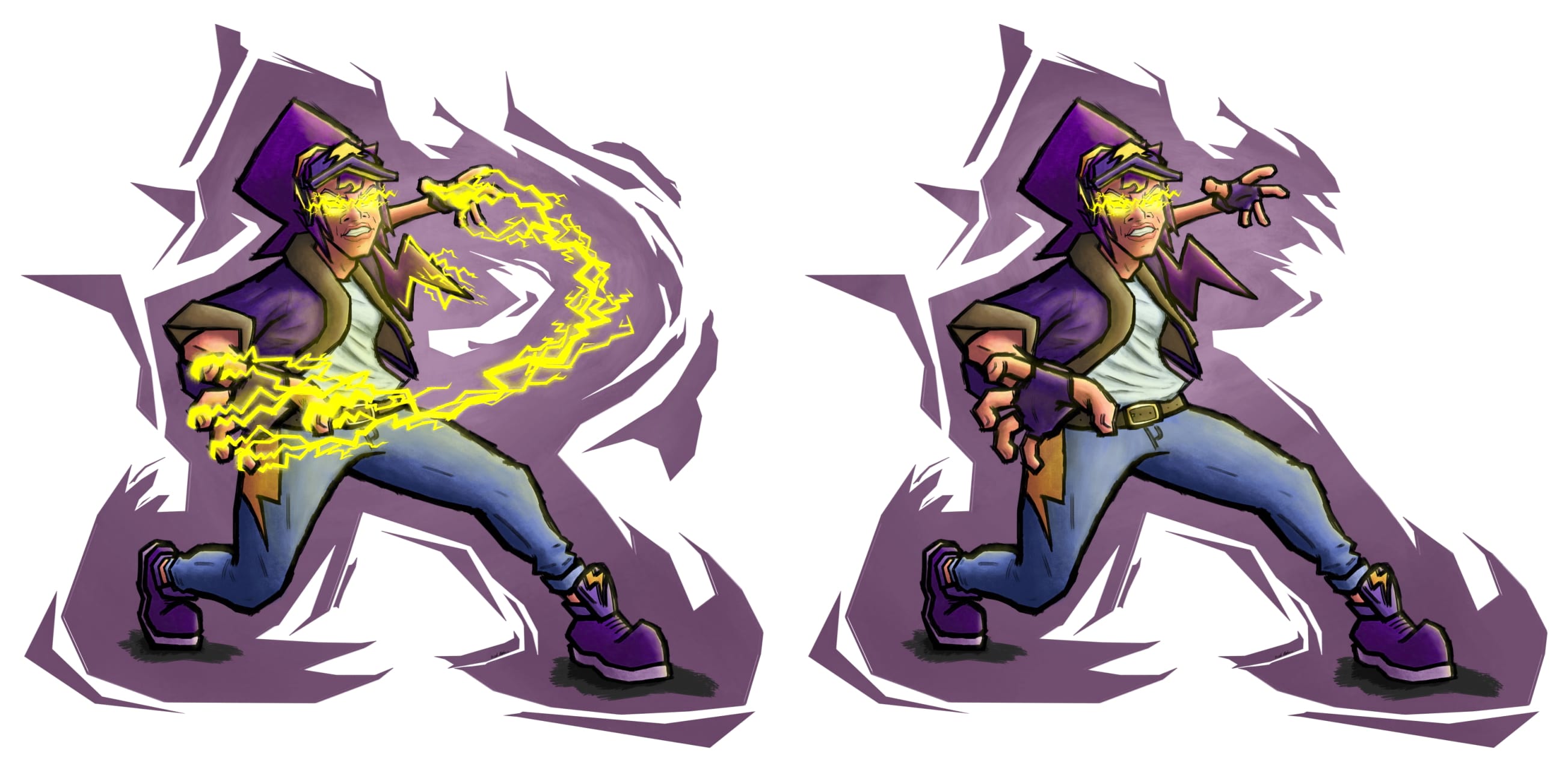 Character with purple pony tail and yellow electricity between her hands