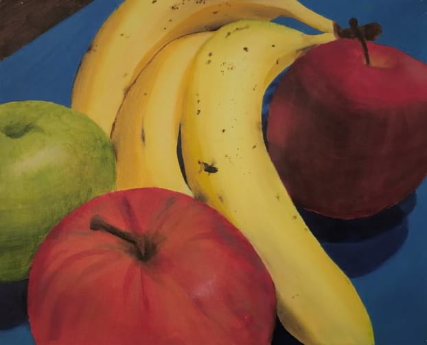 Apples and bananas in a still life painting