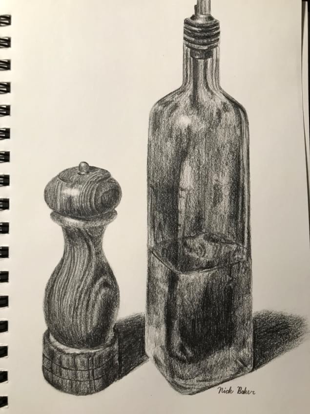 Observational pencil drawing of a wooden pepper shaker and glass olive oil bottle