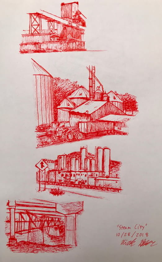 Industrial studies in red pen. Train cars, silos, and bridges!