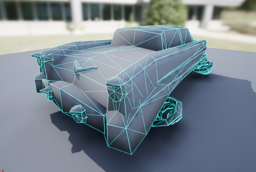A wireframe model of a fifties style car