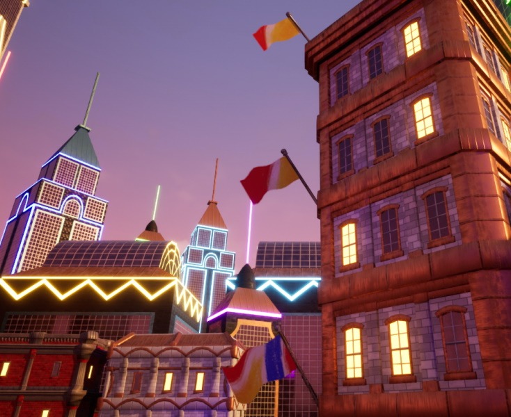 Orange, white, blue, and yellow striped flags hung on the side of a concrete building with neon lights in the background.