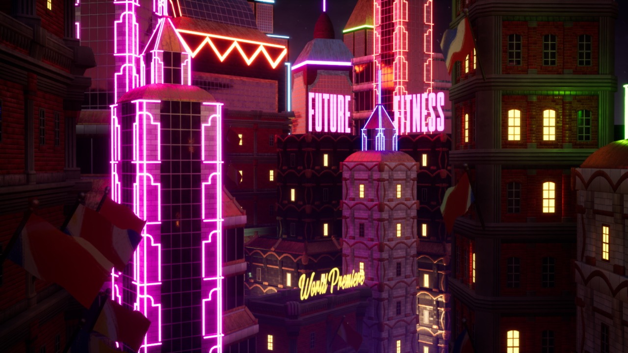 A neon lit cityscape at nighttime
