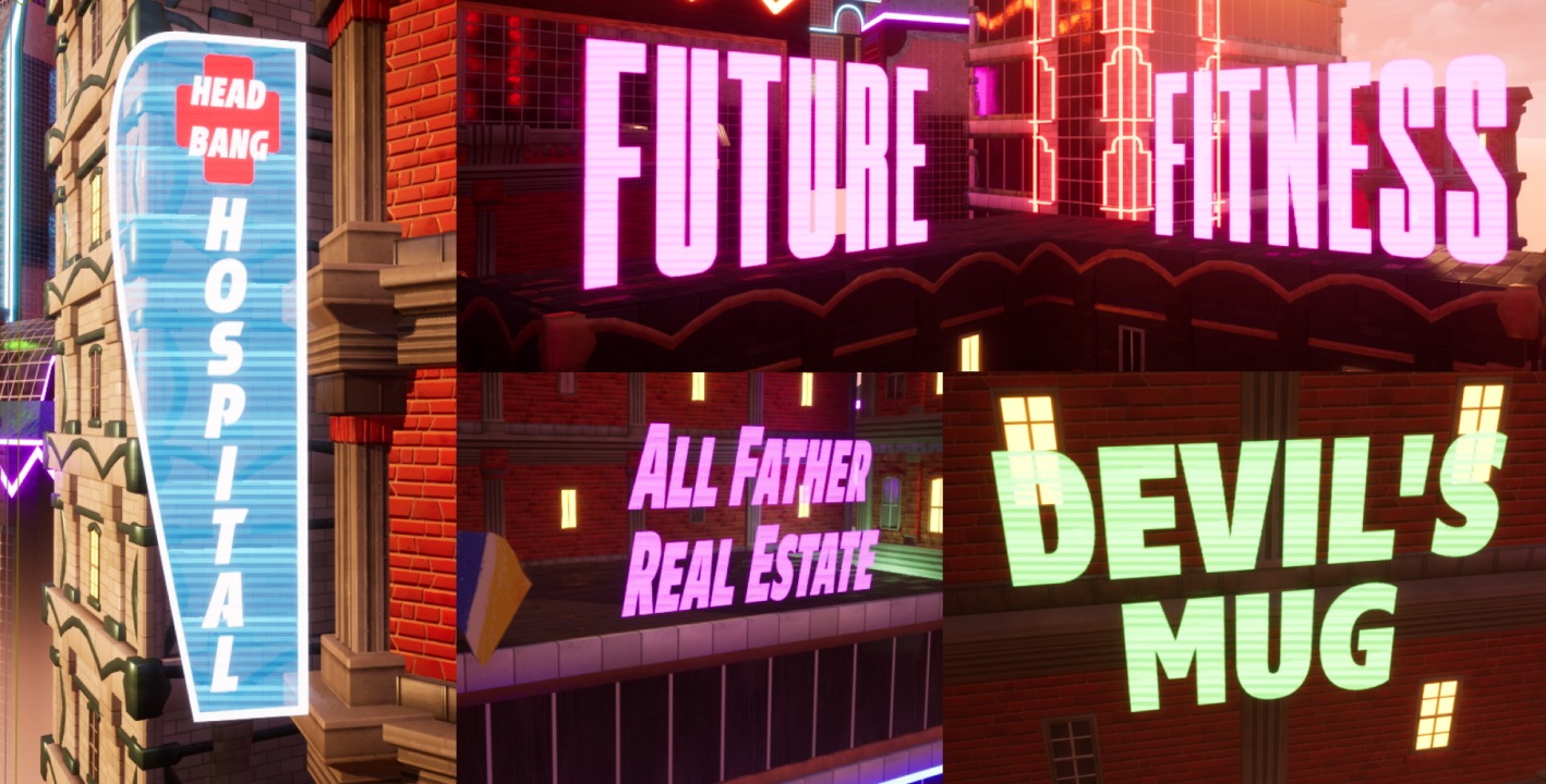Various neon signs that read Headbang Hospital, Future Fitness, All Father Real Estate, and Devil's Mug.