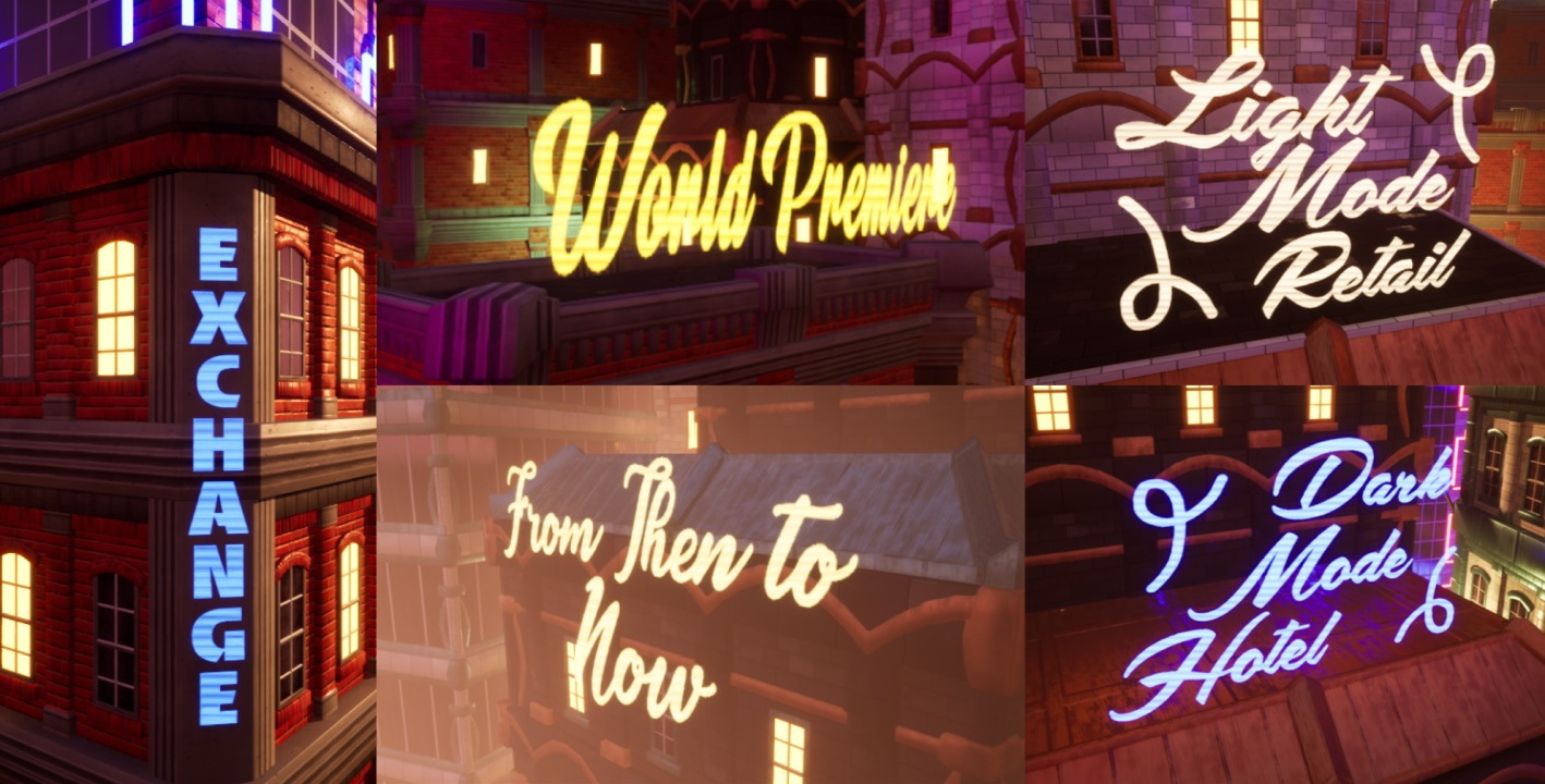 Various neon signs that read Exchange, World Premiere, From Then To Now, Light Mode Retail, and Dark Mode Hotel.