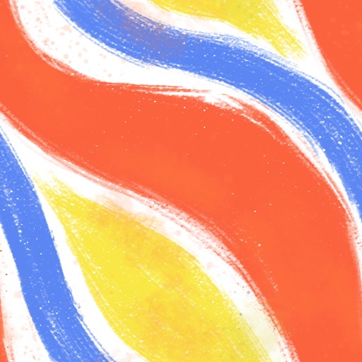 A graffiti pattern with orange, white, blue, and yellow stripes.