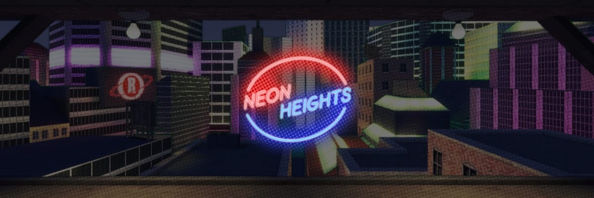 Neon Heights logo in front of night time city