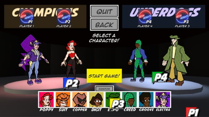 Neon heights character and team select screen