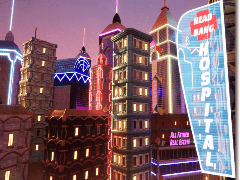 Big city with holographic sign that reads Headbang Hospital.