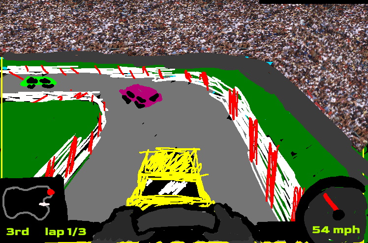 A crude drawing of a yellow racecar on a race track.